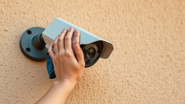 Cleaning security camera to prevent false alarms, clear camera lens.