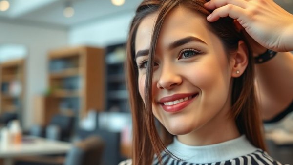 Woman with a hair topper for thinning hair, salon styling.
