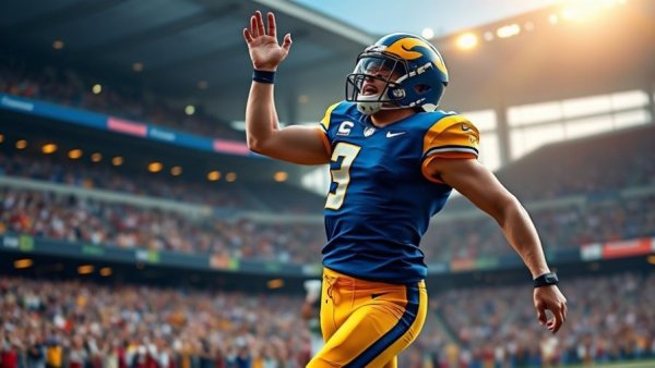 Football player celebrating on field, vibrant stadium lighting, 2026 NFL Honors Awards Results.