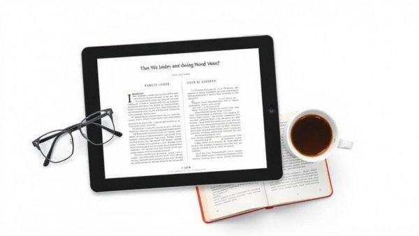 Digital book cover display on tablet with coffee, glasses, notebook