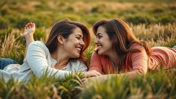 Two women nurturing love, lying on grass and smiling warmly.