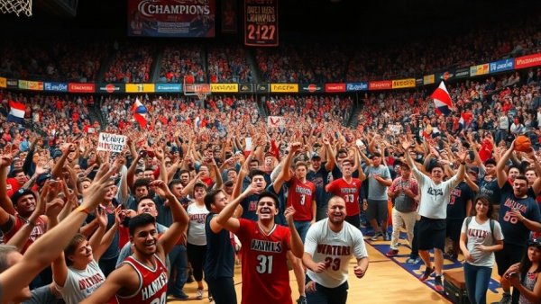 Fans storming basketball court in vibrant celebration.