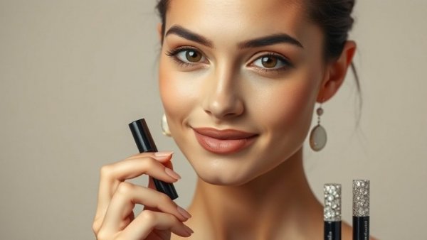 Woman holding mascara with decorative tubes, best tubing mascaras.