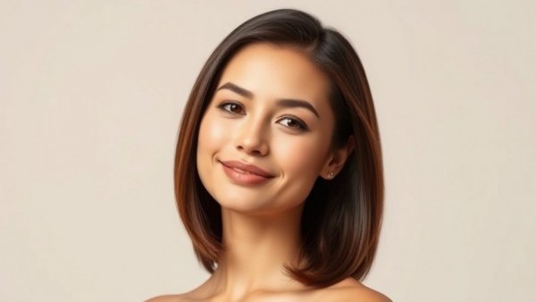Woman with sleek hairstyle and soft smile in neutral background.