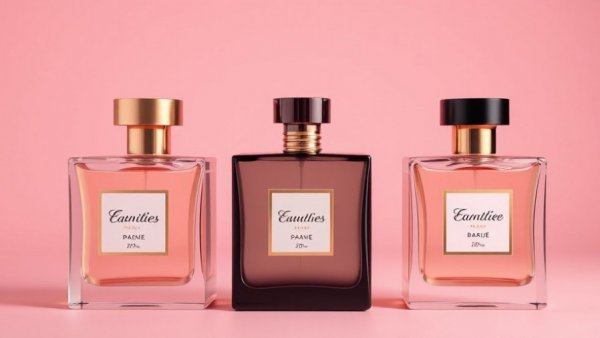 Elegant gourmand perfumes in sleek bottles on pink backdrop.