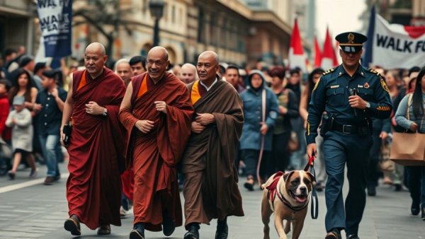 Peaceful march with monks and police officer during Walk for Peace.