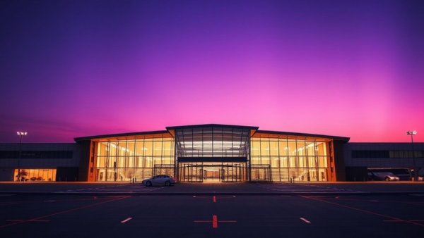 Modern airport entrance at dusk with a purple sky, learn to fly.