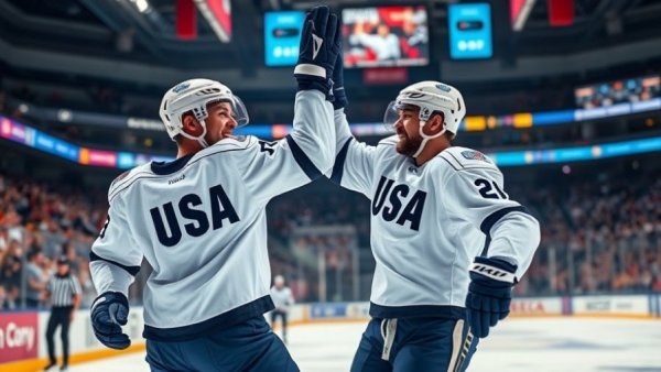 Team USA Olympic hockey players celebrating with high-five on ice.