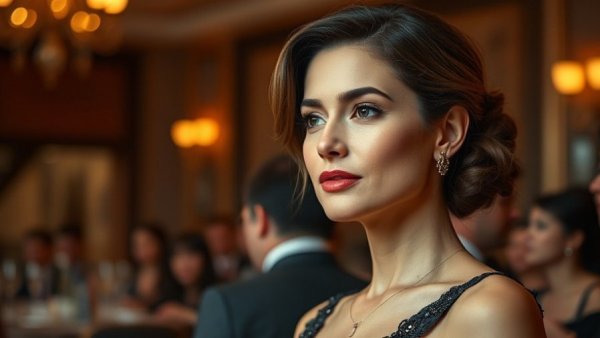 Elegant woman with poised look at formal event indoor setting.