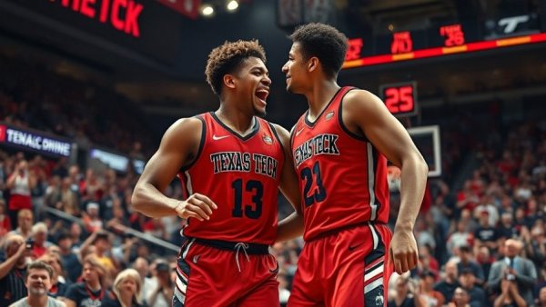 Texas Tech basketball players celebrating a victory in a lively stadium.