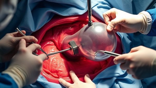 Gastric balloon retrieval procedure shown in surgical images.