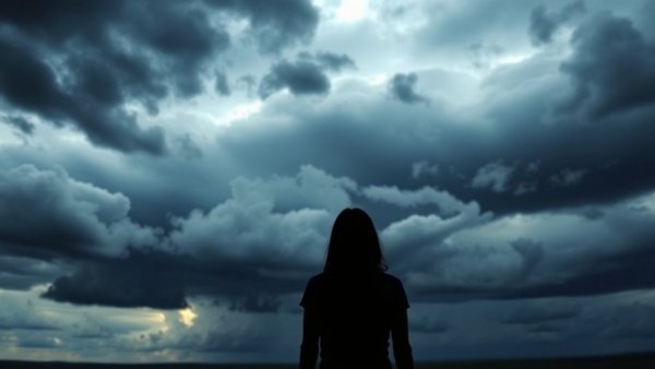 Woman facing stormy sky, symbolic of managing vicarious trauma.