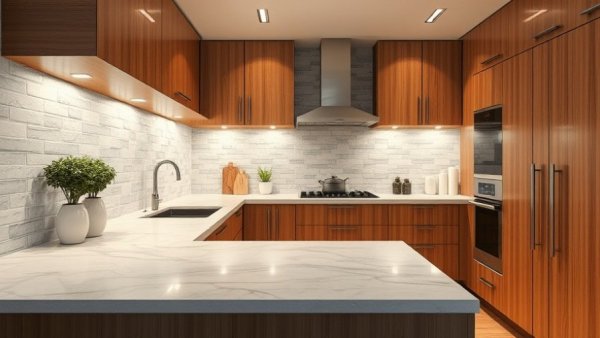 Modern kitchen counter with stone tiles and wooden cabinets, bright lighting.