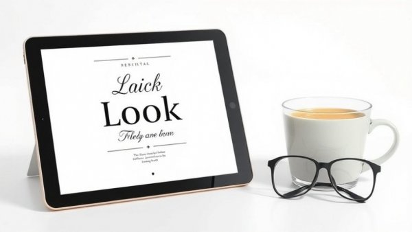 Minimalistic tablet displaying book cover with coffee and glasses.