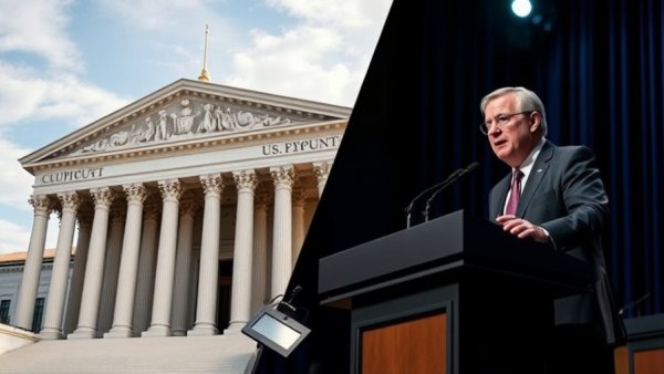 Trump tariffs blocked by Supreme Court illustrated with courthouse and speaker.