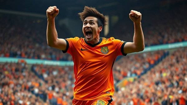 Energetic football player celebrating in orange jersey during NFL game.