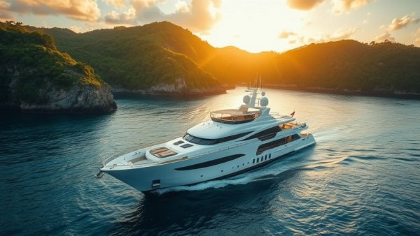 Luxurious yacht cruising in Caribbean waters at sunset.