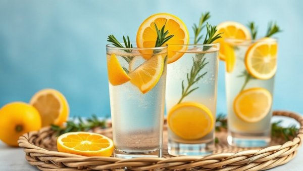 Colorful spring mocktails with citrus slices and herbs on a tray.