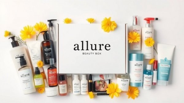 March Allure Beauty Box with assorted beauty products and flowers.