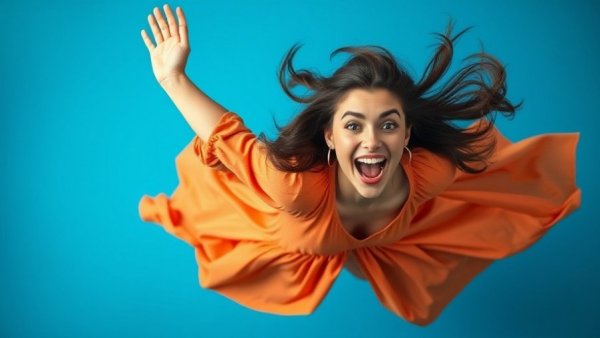 Dynamic photo of a woman falling with presence in a colorful dress.
