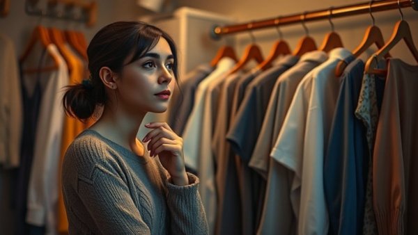 Contemplative woman choosing clothes, reflecting on emotional factors in luxury purchases.