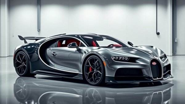 Bugatti W16 Mistral Hypercar in a sleek showroom, elegant design.