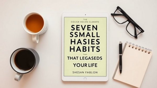 E-book cover on tablet with coffee and glasses.