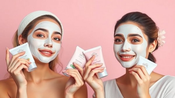 Women using best peel-off face masks, pink background, skincare products.