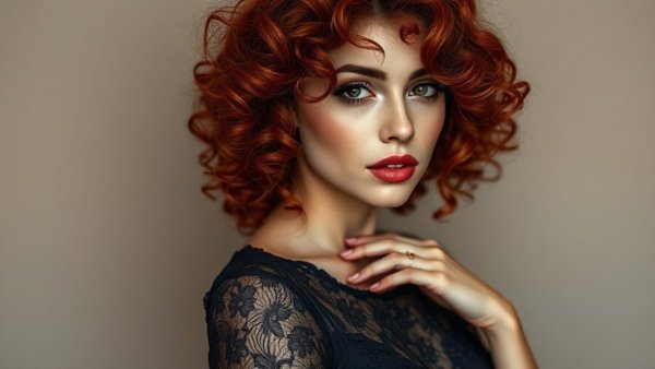 Elegant woman with red curly hair and lace dress posing gracefully.
