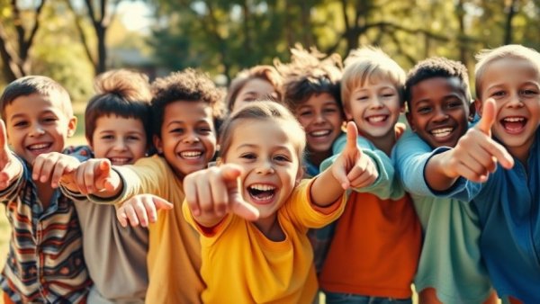 Joyful children happily reach forward, building a healthy relationship with food.