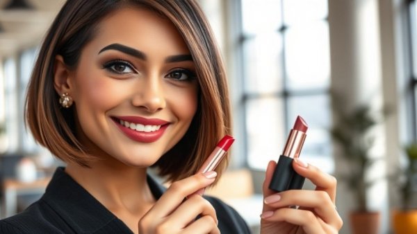 Smiling woman with bold makeup holding lip stain, office setting.