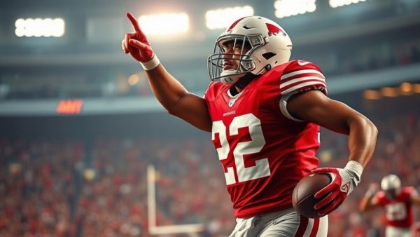 Dynamic image of football player in red and white uniform during game.