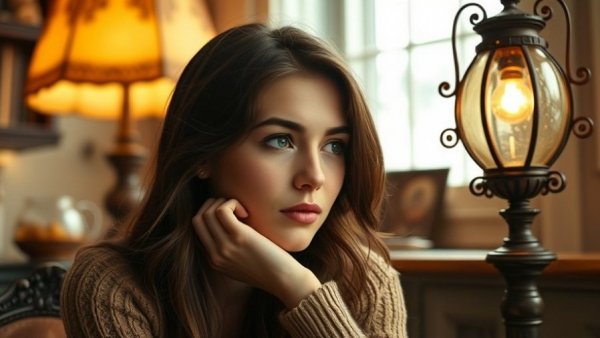 Thoughtful young woman by vintage lamp, warm ambiance.