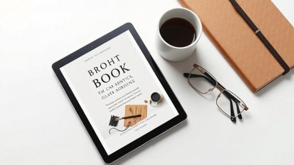 Minimalist book cover on tablet with coffee and glasses.