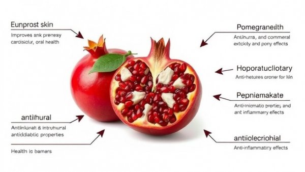 Infographic on health benefits of pomegranates, highlighting various properties.