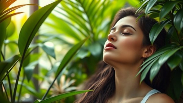 Serene woman finding inner calm letting go in lush garden.