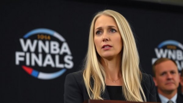 Professional woman addressing WNBA CBA negotiations at event.