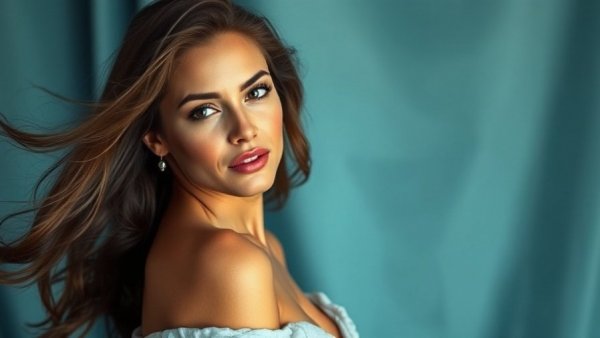 Elegant woman posing with confident expression against soft backdrop.