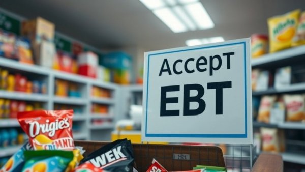 EBT acceptance at store counter with snacks in view.