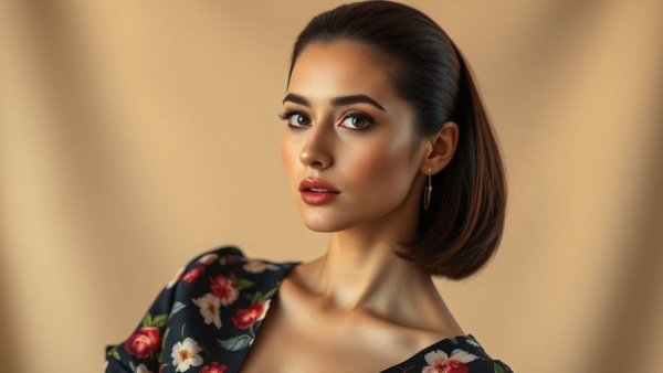 2026 Oscars Beauty Looks: Elegant woman in floral dress and sleek hairstyle.