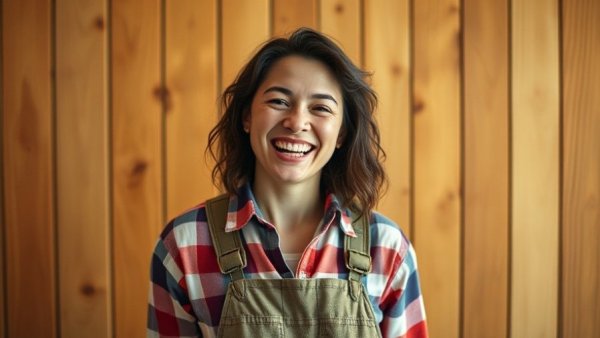 Smiling woman in DIY attire against a wooden background.