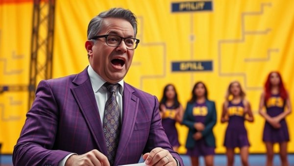 Lively commentator discusses 2026 NCAA tournament predictions in vibrant collage.