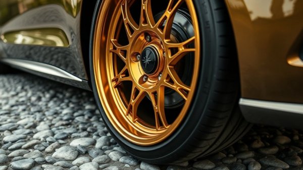 Close-up of custom gold car wheel on a pebble driveway