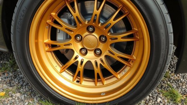 Stylish golden alloy car wheel on gravel surface.