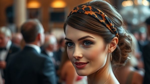 Elegant woman with tortoiseshell headband at formal event.