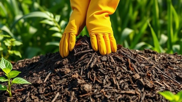 Gardening hands spreading mulch in sunlit yard