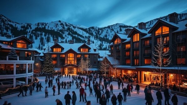 Four Seasons Private Residences Deer Valley at dusk with skaters and lights.