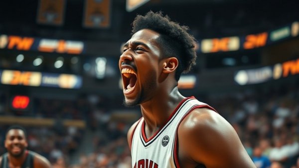 Intense moment in Men's College Basketball March Madness game.