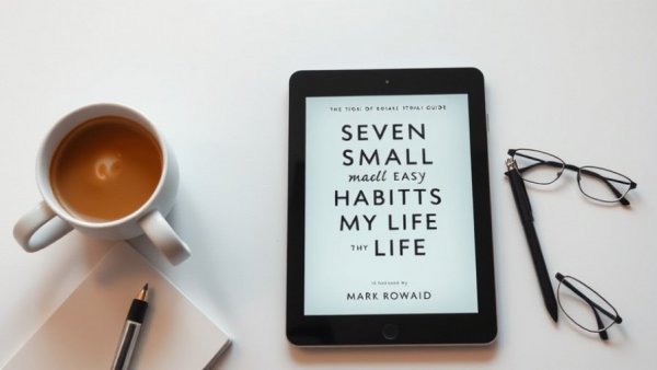 Tablet showing 'Easy Habits' guide with coffee and glasses, minimalist design.