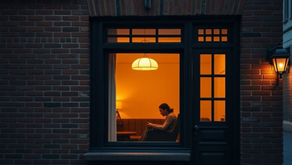 Warm indoor scene through window at night, mindfulness setting.